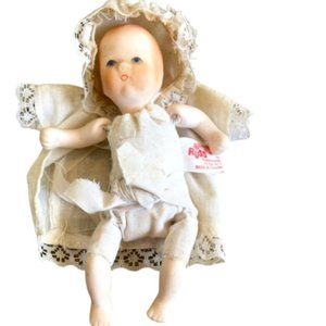 Vintage RUSS Baby Doll Porcelain Bisque Head Arms Leg Cloth Body Blue Eyes Dress